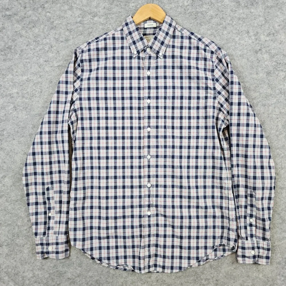 J Crew Men's Secret Wash‎ Shirting Size M Organic Cotton Shirt Blue/Mauve Checks